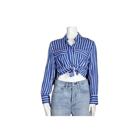 Zara Women's Size Medium Blue Striped Button-Up Blouse Cropped Shirt Collar Top - Picture 7 of 7